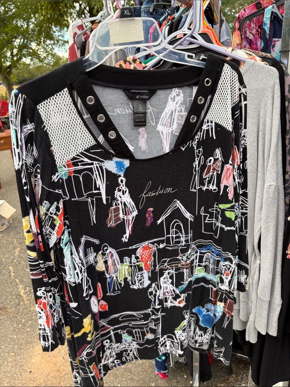 Ali Miles Black Crewneck Sweater with Colorful Sketch Print